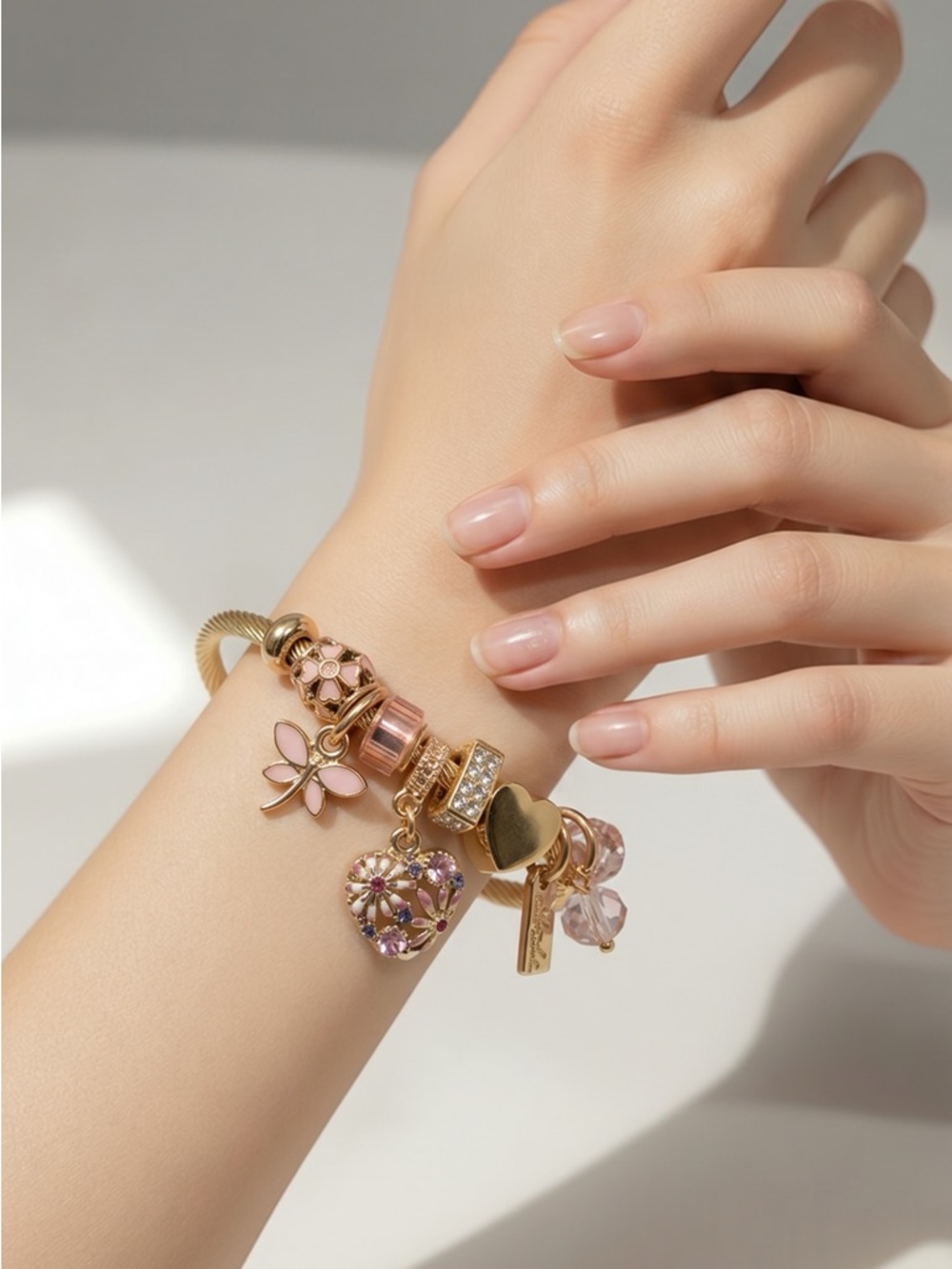 Gold Pink Charm Bracelet with Heart & Flower Charms
